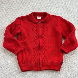 Oeuf Kids Red Merino Wool Cable Knit Sweater Jacket